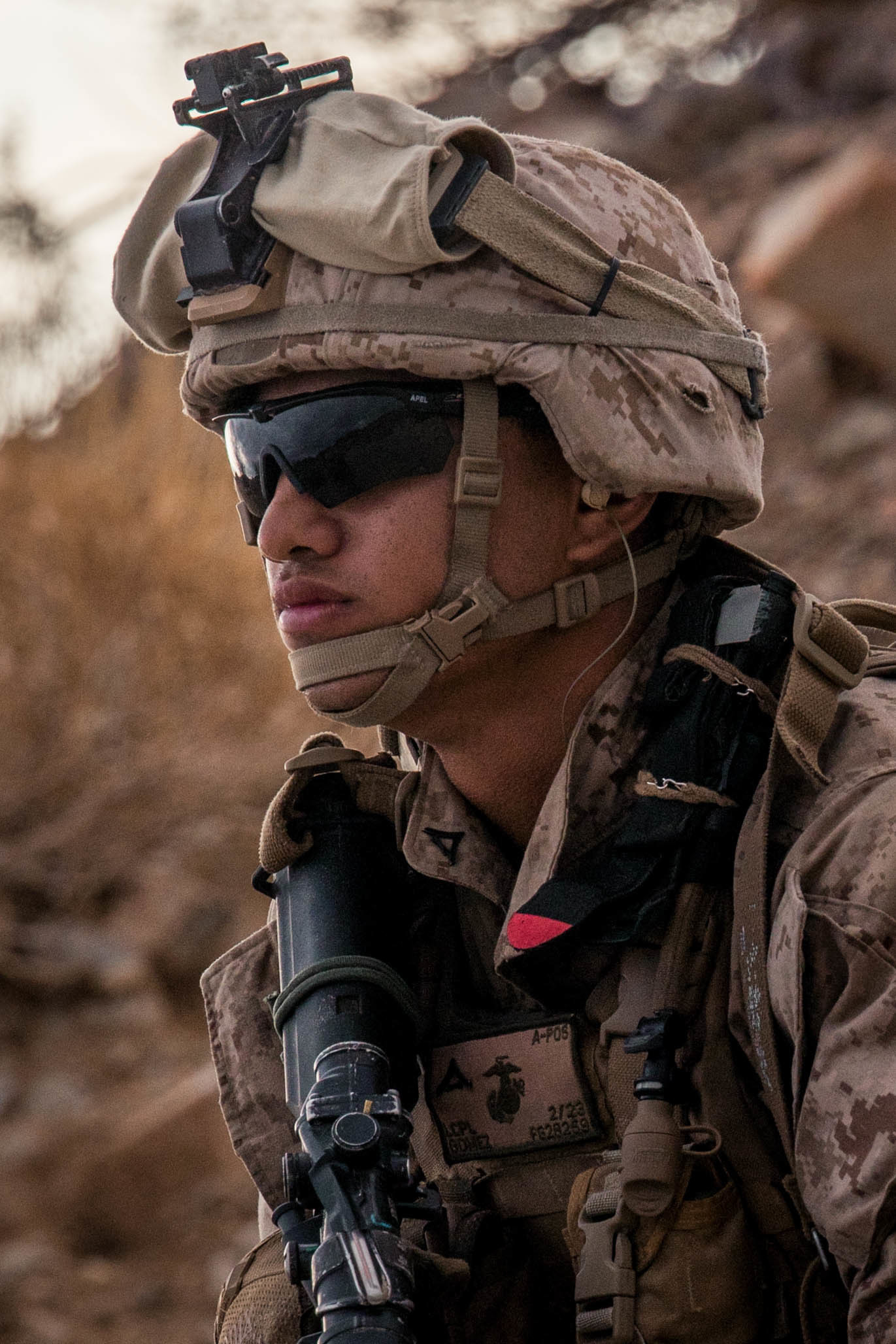 Lance Cpl. Jeremy Gomez, a rifleman with Fox Company, 2nd Battalion, 23rd Marines, 4th Marine Division, awaits orders at Range 410A during Integrated Training Exercise (ITX) 4-21 at Marine Corps Air Ground Combat Center, Twentynine Palms, California on July 31st, 2021. Range 410A provides Reserve Marines the opportunity to execute a fire and maneuver attack supported by mortarmen, machine gunners and combat engineers. (U.S Marine Corps photo by Lance Cpl. David Intriago)