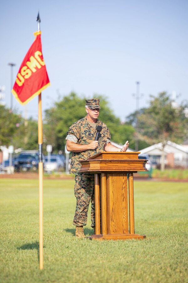 Brig. Gen. Timothy Adams, outgoing commanding general, 4th Marine Aircraft Wing, gives his remarks during the 4th MAW change of command ceremony at Marine Corps Support Facility New Orleans on July 30, 2021. 4th MAW is the air combat element for Marine Forces Reserve and integrates three core capabilities in support of the Marine Corps' Total Force: aircraft operations, aviation ground support and aviation command and control. (U.S. Marine Corps photo by Lance Cpl. Mitchell Collyer)