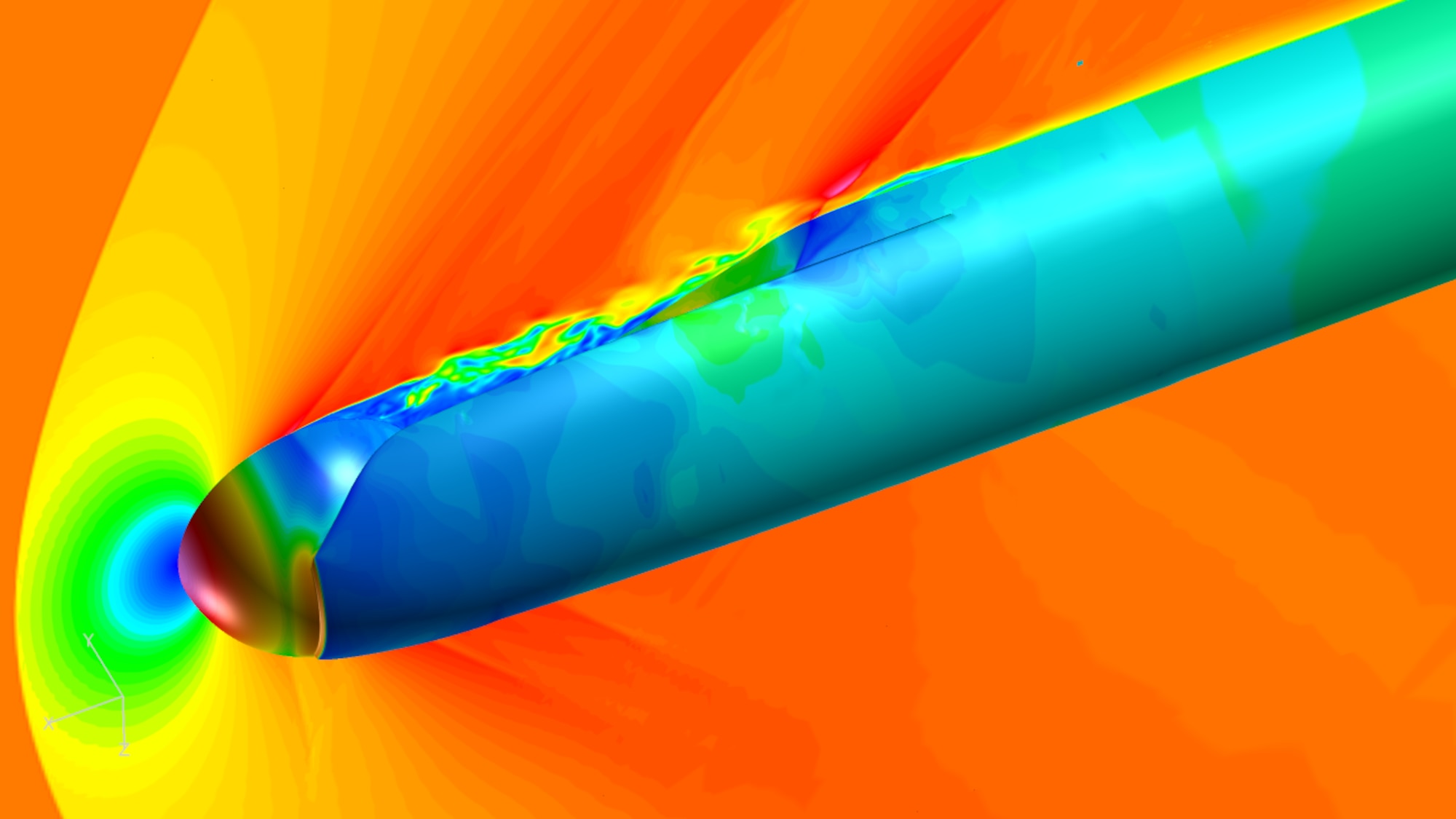 Computational fluid dynamics simulations for the directed energy pod show pressure loading on the pod and flow features off-body for supersonic conditions. (Image courtesy of MZA Associates Corp.)