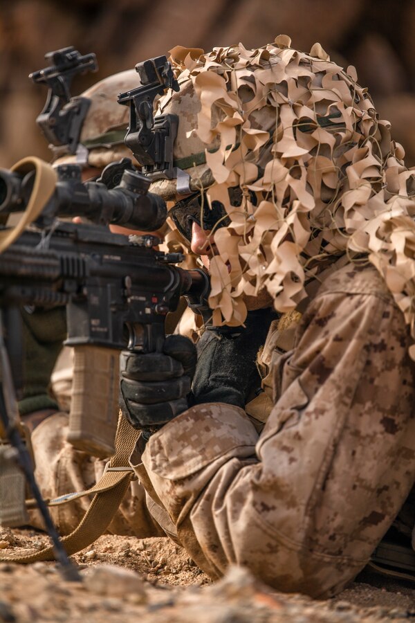 Lance Cpl. Louis Watterssmith, a designated marksman with Echo Company, 2nd Battalion, 23rd Marines, provides security on Range 410A during Integrated Training Exercise (ITX) 4-21 at Marine Corps Air Ground Combat Center, Twentynine Palms, California on July 30th, 2021. ITX is the culmination of Marine Forces Reserve units' training cycle as they participate in a live-fire, combined arms exercise as a part of an integrated Marine Air Ground Task Force. (U.S. Marine Corps photo by Sgt. JVonnta Taylor)