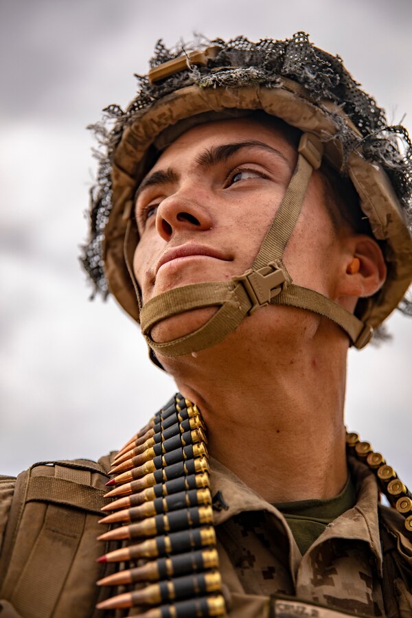 Lance Cpl. Brian Cruz, a machine gunner with Echo Company, 2nd Battalion, 23rd Marines, prepares to execute Range 410A during Integrated Training Exercise (ITX) 4-21 at Marine Corps Air Ground Combat Center, Twentynine Palms, California on July 30th, 2021.  ITX is the culmination of Marine Forces Reserve units' training cycle as they participate in a live-fire, combined arms exercise as a part of an integrated Marine Air Ground Task Force. (U.S. Marine Corps photo by Sgt. JVonnta Taylor)