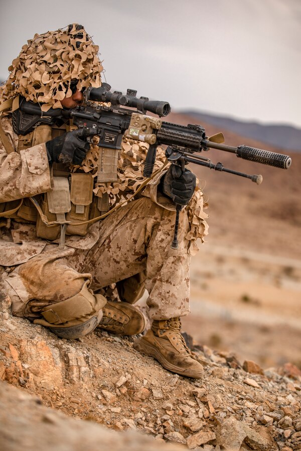 Lance Cpl. Louis Watterssmith, a designated marksman with Echo Company, 2nd Battalion, 23rd Marines provides security on Range 410A during Integrated Training Exercise (ITX) 4-21 at Marine Corps Air Ground Combat Center, Twentynine Palms, California on July 30th, 2021. ITX is a culmination of Marine Forces Reserve units' training cycle as they participate in a live-fire, combined arms exercise as a part of an integrated Marine Air Ground Task Force. (U.S. Marine Corps photo by Sgt. JVonnta Taylor)