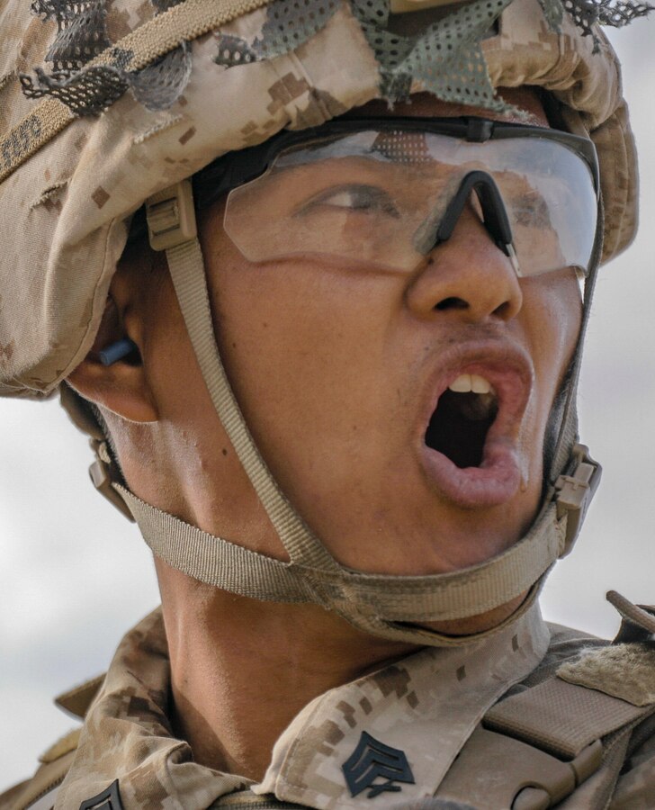 Sgt. Lucas Low, a squad leader with Echo Company, 2nd Battalion, 23rd Marines gives orders on Range 410A during Integrated Training Exercise (ITX) 4-21 at Marine Corps Air Ground Combat Center, Twentynine Palms, California on July 30th, 2021. ITX is the culmination of Marine Forces Reserve units' training cycle as they participate in a live-fire, combined arms exercise as a part of an integrated Marine Air Ground Task Force. (U.S. Marine Corps photo by Sgt. JVonnta Taylor)