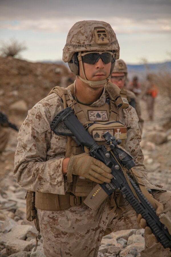 Sgt Nicholas Abeyta, a squad leader with Fox company, 2nd Battalion, 23rd Marines, awaits orders on Range 410A during Integrated Training Exercise (ITX) 4-21 at Marine Corps Air Ground Combat Center, Twentynine Palms, California on July 30th, 2021. ITX is the culmination of Marine Forces Reserve units' training cycle as they participate in a live-fire, combined arms exercise as a part of an integrated Marine Air Ground Task Force. (U.S. Marine Corps photo by Sgt. JVonnta Taylor)