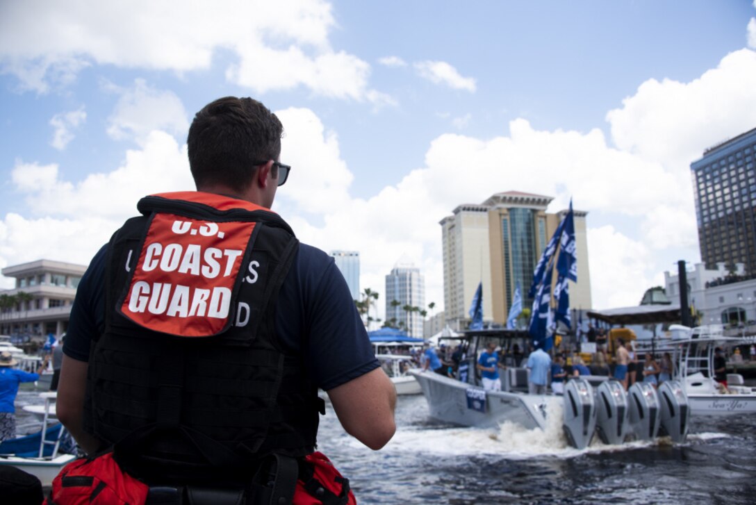 A crew from Coast Guard Station St. Petersburg on a 29-foot Response Boat – Small II conducts a patrol for Tampa Bay Lightning’s Stanley Cup Championship Boat Parade, Tampa, Florida, July 12, 2021. The Coast Guard collaborated with its interagency partners to provide security, ensure the movement of vessels in the parade, and keep the boating public safe during the celebration.