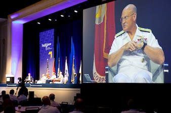 NATIONAL HARBOR, Md. (Aug. 2, 2021) - Chief of Naval Operations (CNO) Adm. Mike Gilday speaks at the Sea Air Space 2021 expo. (U.S. Navy photo by Chief Mass Communication Specialist Nick Brown/Released)