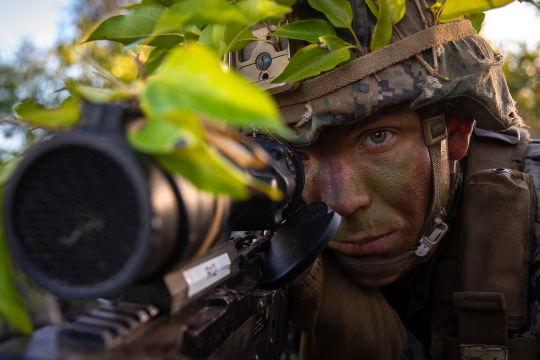 U.S. Marine Corps Lance Cpl. James Fritch, a fire direction control Marine with 3rd Battalion, 12th Marines, 3rd Marine Division, sights in during expeditionary advanced base operations as part of Exercise Talisman Sabre 21, in Bowen, Queensland, Australia, July 28, 2021. TS21 supports the U.S. National Defense Strategy by enhancing the ability to protect the homeland and provide combat-credible forces to address the full range of potential security concerns in the Indo-Pacific. Fritch is a native of Hannibal, Missouri.