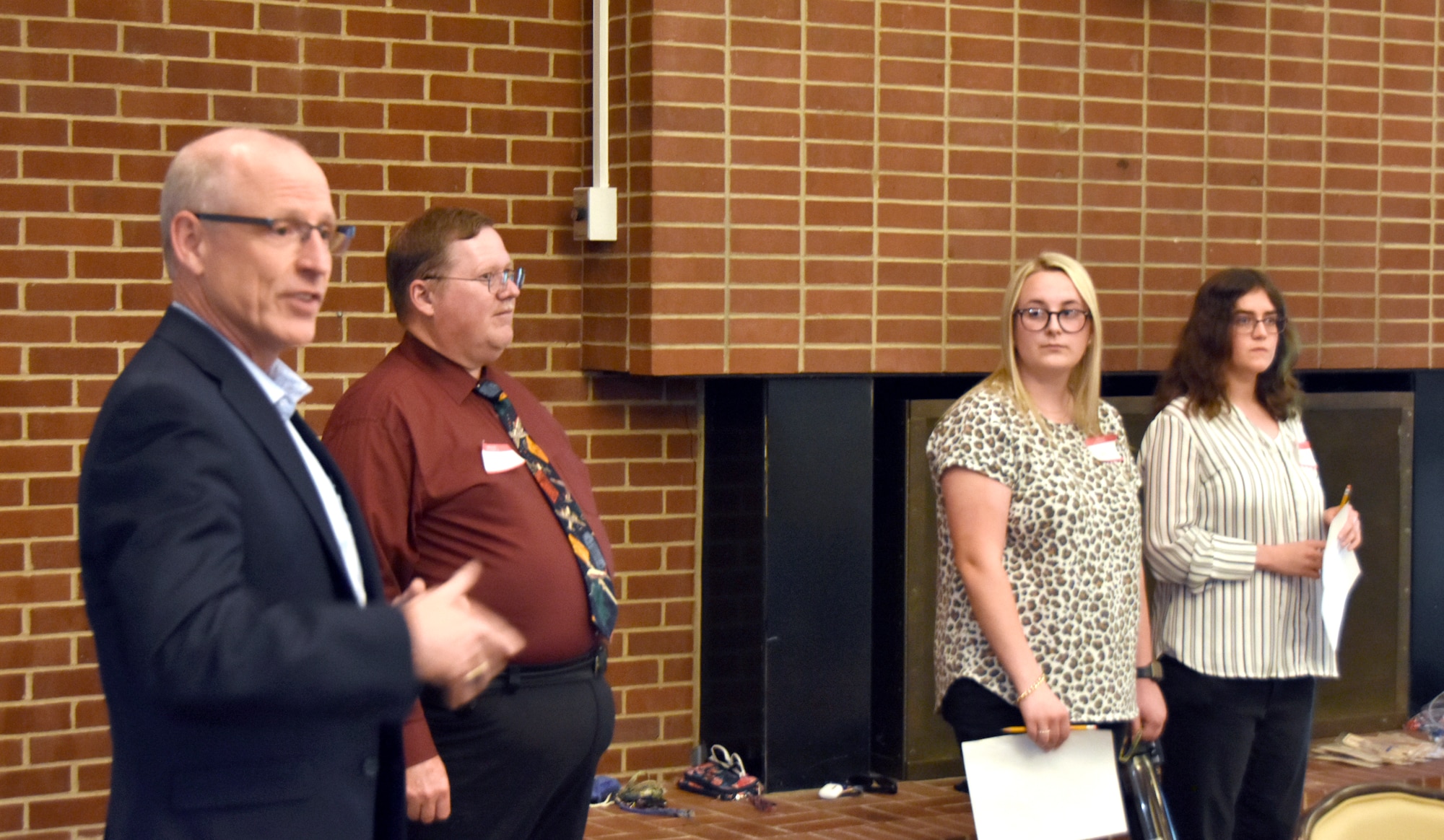 Dr. Rich Tighe, left, general manager of National Aerospace Solutions, LLC (NAS), speaks to summer interns during a social event June 17, 2021, at the Arnold Lakeside Complex on Arnold Air Force Base, Tenn. Leadership with NAS and the Department of Defense were in attendance to welcome the group. (U.S. Air Force photo by Bradley Hicks)