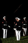 Marines with the Silent Drill Platoon execute their “rifle inspection” sequence during the Friday Evening Parade at Marine Barracks Washington, July 30, 2021.