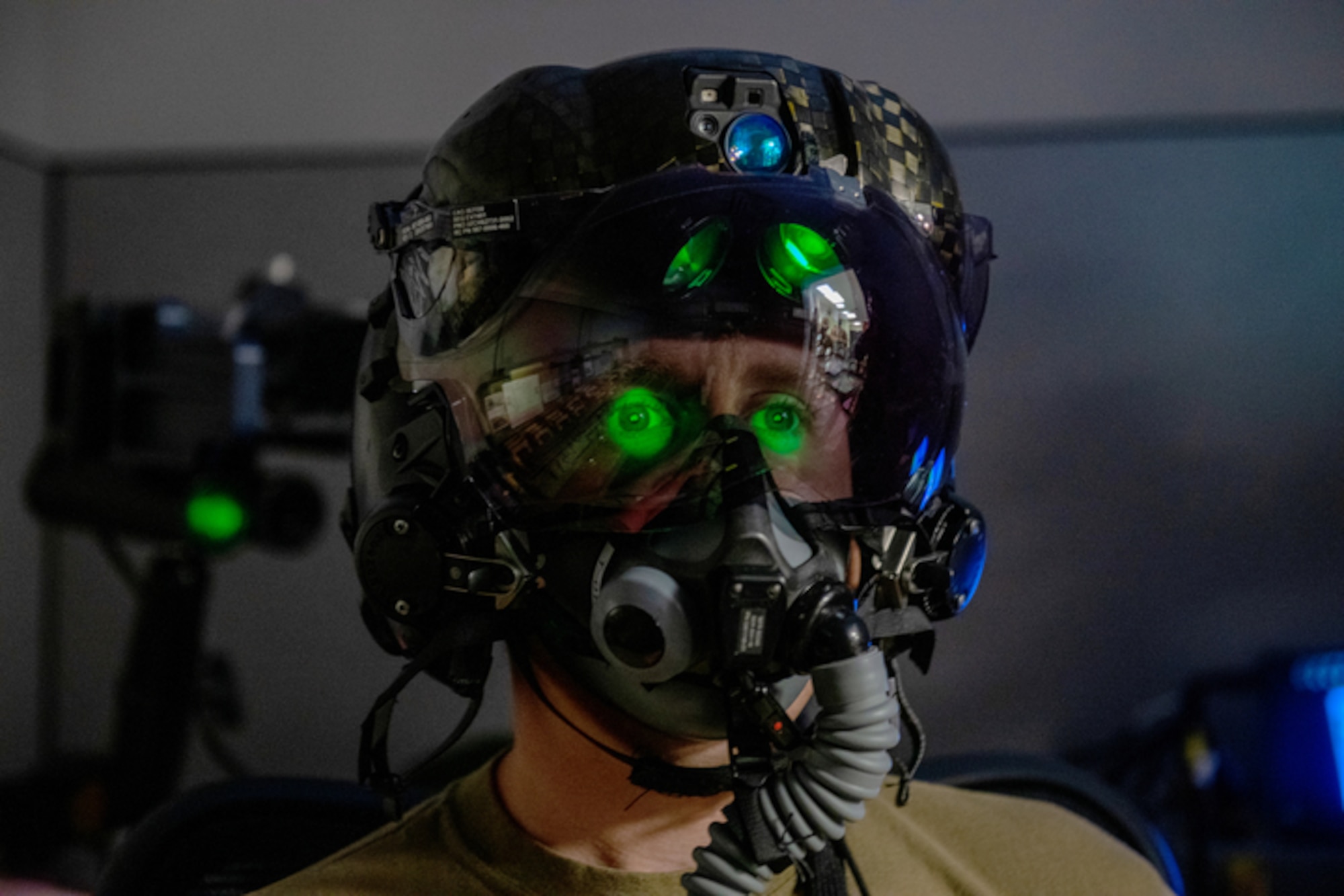 U.S. Air Force Tech. Sgt. Anthony Farnsworth, 419th Operations Support Squadron, poses for a photo to demonstrate the F-35 Generation III Helmet-Mounted Display at Hill Air Force Base, Utah, on July 10, 2021. The display provides the pilot critical information, built-in night vision, and allows a 360-degree view of the aircraft’s outside environment.