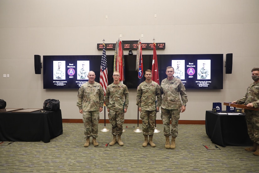 U.S. Army Central Commanding General, Lt. Gen. Terry Ferrell, and Senior Enlisted Advisor, Command Sgt. Maj. Brian Hester, present the command's 2021 Best Warriors, Sgt. Brandon Brantley and Spc. Omar Dacosta, with the Meritorious Service Medal and other USARCENT memorabilia at Patton Hall on Shaw Air Force Base, S.C., July 29, 2021. Brantley represented 335th Strategic Signal Command (Theater-Provisional) and Dacosta represented Task Force Spartan in USARCENT's Best Warrior competition held in Kuwait in June, and the two will now represent USARCENT in the U.S. Forces Command-level event Aug. 2-5. (U.S. Army photo by Spc. Amber Cobena)