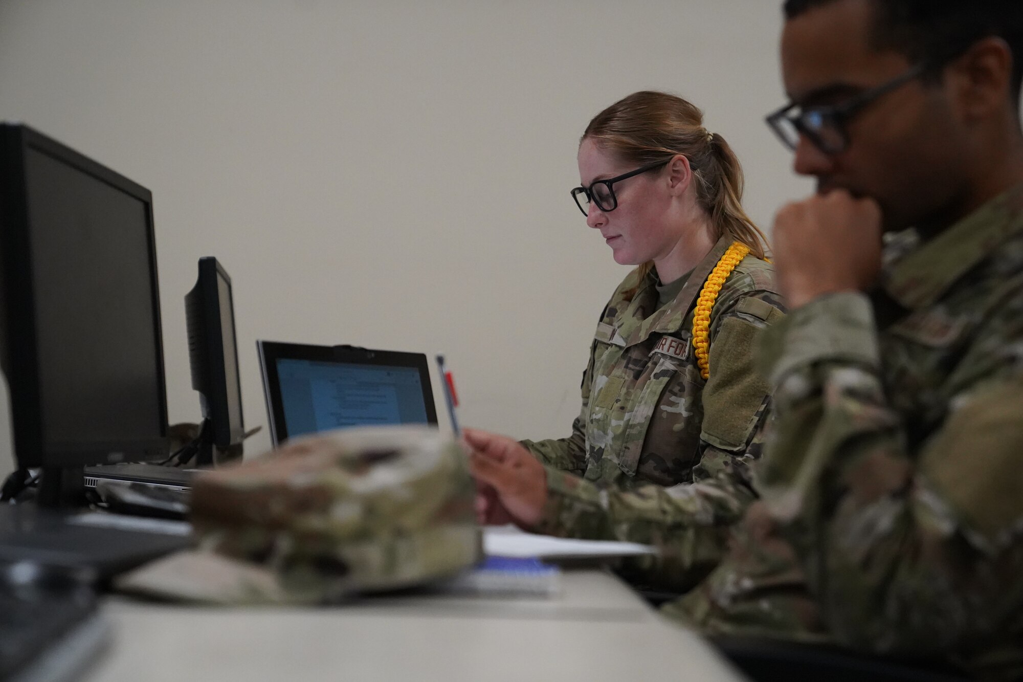 U.S. Air Force Airman Madelyn Brown, 336th Training Squadron cyber transport student, looks at her computer during class inside Thompson Hall at Keesler Air Force Base, Mississippi, July 26, 2021. As a yellow rope, Brown has taken a charge early to become a leader amongst her peers. (U.S. Air Force photo by Senior Airman Spencer Tobler)