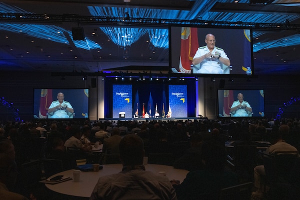dm. Mike Gilday, Chief of Naval Operations, gives his opening remarks at the Tri-Service Maritime Leadership Panel during the Sea-Air-Space Exposition.