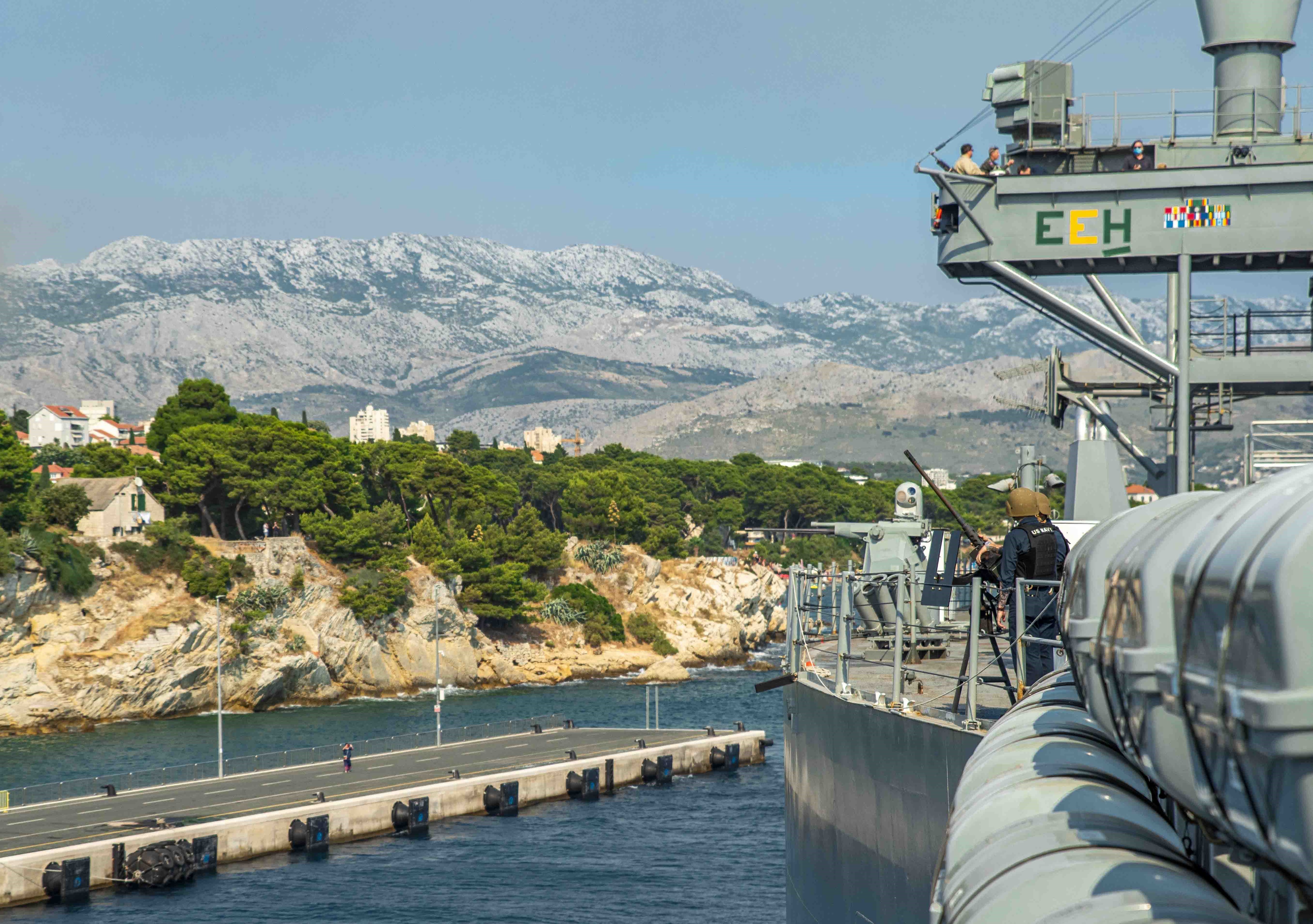 Sailors stand small craft assault team watch aboard the Blue Ridge-class command and control ship USS Mount Whitney (LCC 20) as the ship gets underway from Split, Croatia, August 2, 2021. Mount Whitney is the U.S. Sixth Fleet flagship, homeported in Gaeta, and operates with a combined crew of U.S. Sailors and Military Sealift Command civil service mariners.