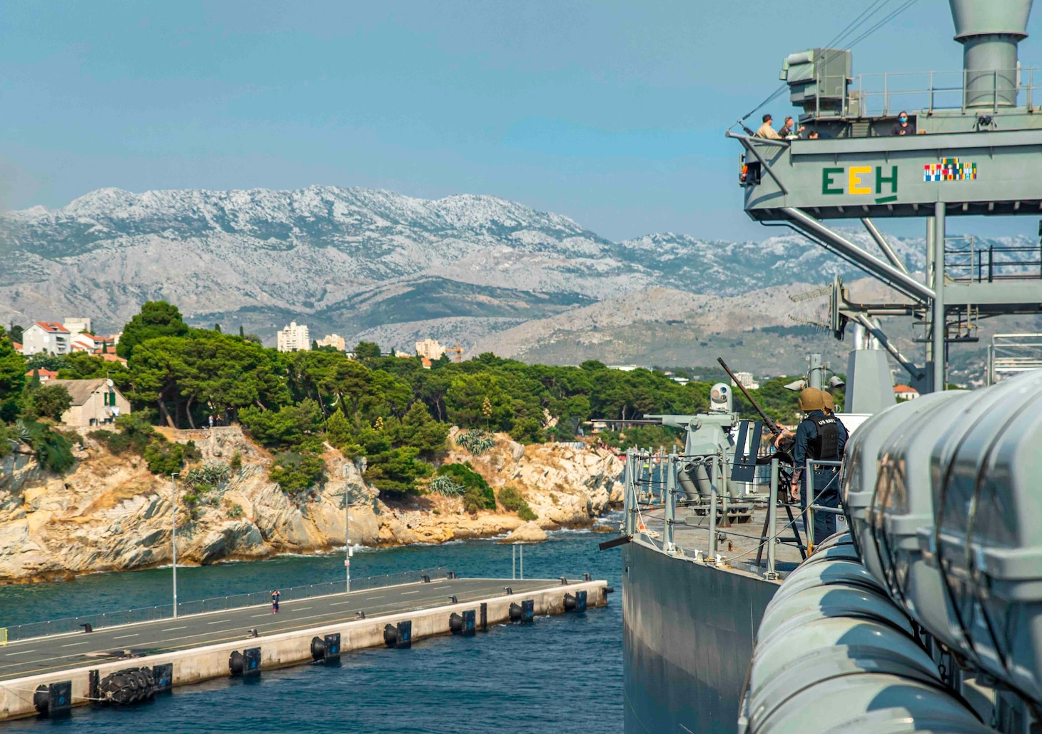 Sailors stand small craft assault team watch aboard the Blue Ridge-class command and control ship USS Mount Whitney (LCC 20) as the ship gets underway from Split, Croatia, August 2, 2021. Mount Whitney is the U.S. Sixth Fleet flagship, homeported in Gaeta, and operates with a combined crew of U.S. Sailors and Military Sealift Command civil service mariners.