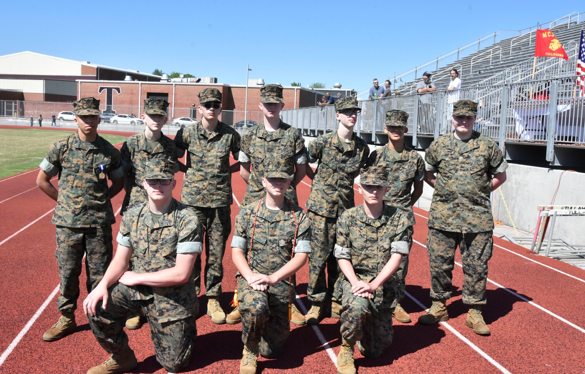 Pictured are members of this year’s Tullahoma High School Marine Corps Junior ROTC CyberPatriot team at the high school, May 6, 2021. Pictured back row from left are: Julian Taylor, Jaydon Lee, Ethan Simmons, Kaden Baker, Mason LeMay, Anthony Lelez and John Young. Pictured front row from left are: Deekan Wilson, Zachary Wirth (team captain) and Gavin Jones. (U.S. Air Force photo by Bradley Hicks)