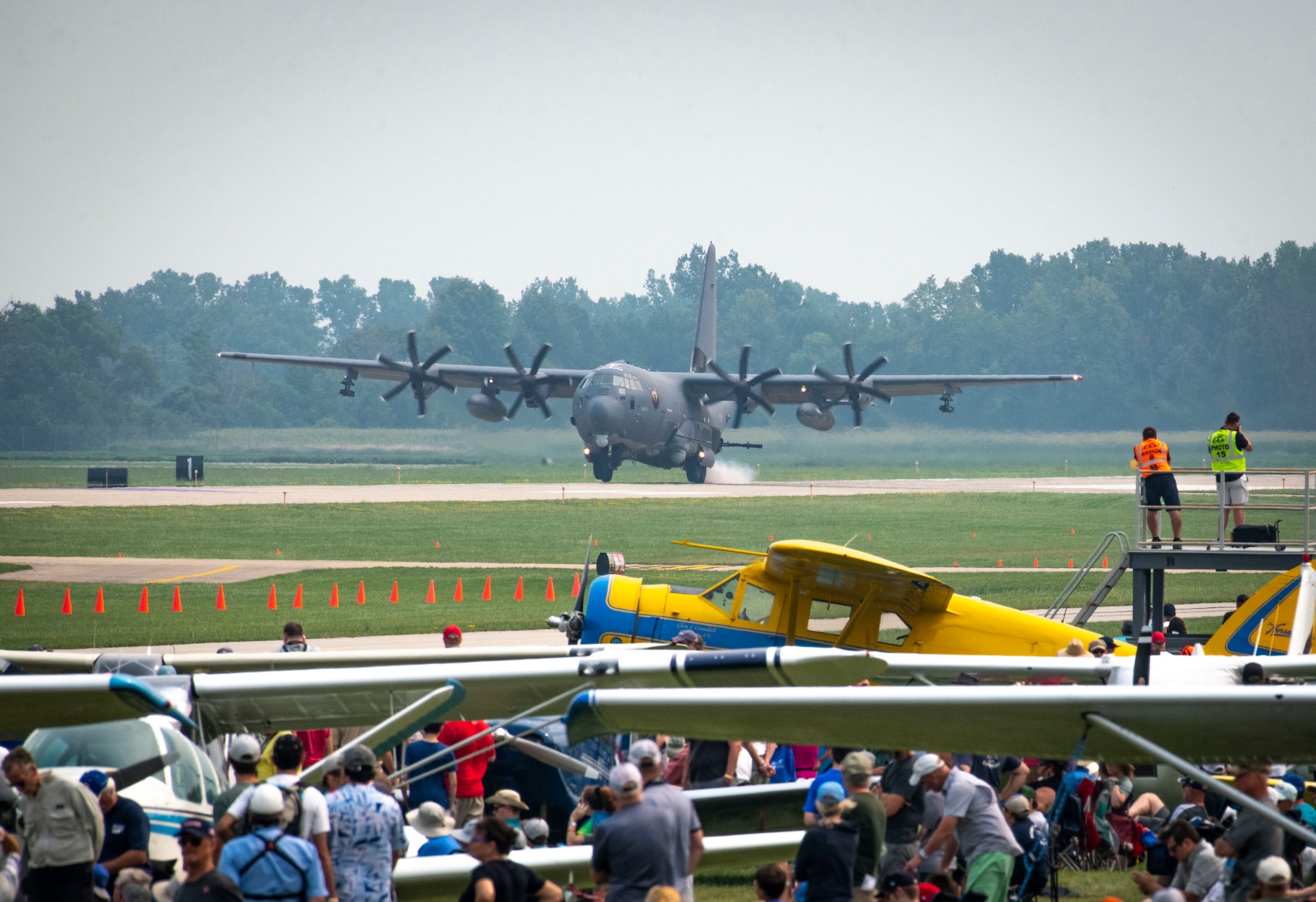 An AC-130J Ghostrider assigned to Air Force Special Operations Command lands after completing a personnel recovery demonstration at Wittman Regional Airport, Wis., July 29, 2021.