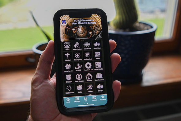 A phone displays the Air Force Connect app at F.E. Warren Air Force Base, Wyoming, July 30, 2021. The Air Force Connect app can now be used to assist Airmen out-processing from F.E. Warren Air Force Base. (U.S. Air Force photo by Airman 1st Class Charles Munoz)