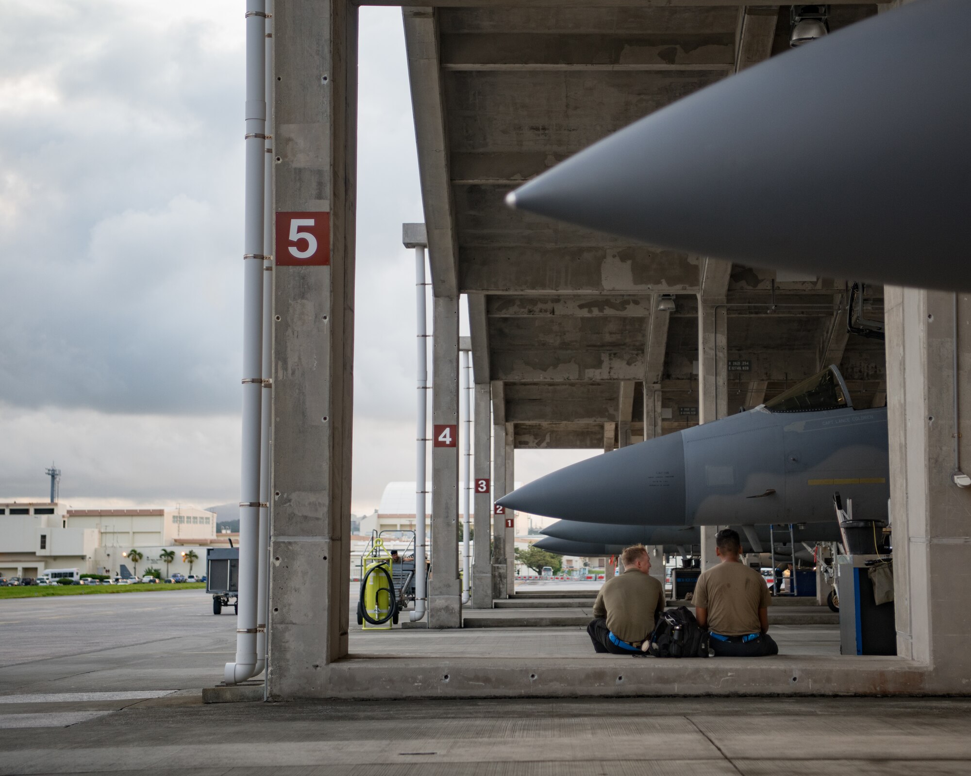 U.S. Air Force maintainers work on F-15C Eagles at Kadena Air Base, Japan.