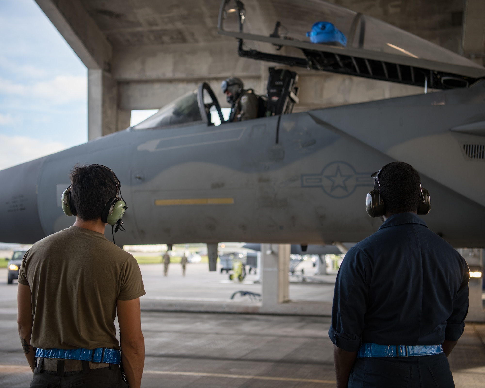 U.S. Air Force maintainers work on F-15C Eagles at Kadena Air Base, Japan.