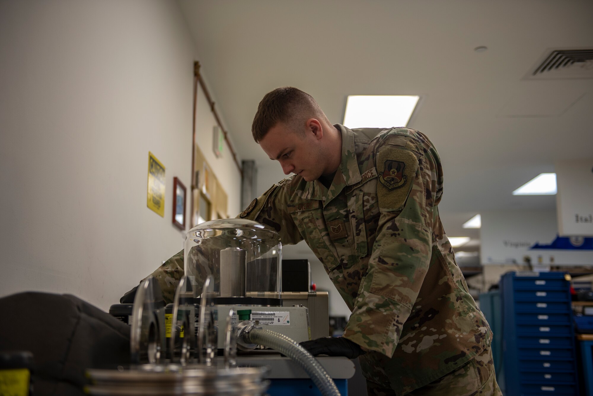 The 379th EMXS Precision Measurement Equipment Laboratory tests the accuracy of all the pressure test equipment in the Air Forces Central area of responsibility. (U.S. Air Force photo by Airman 1st Class Kylie Barrow)