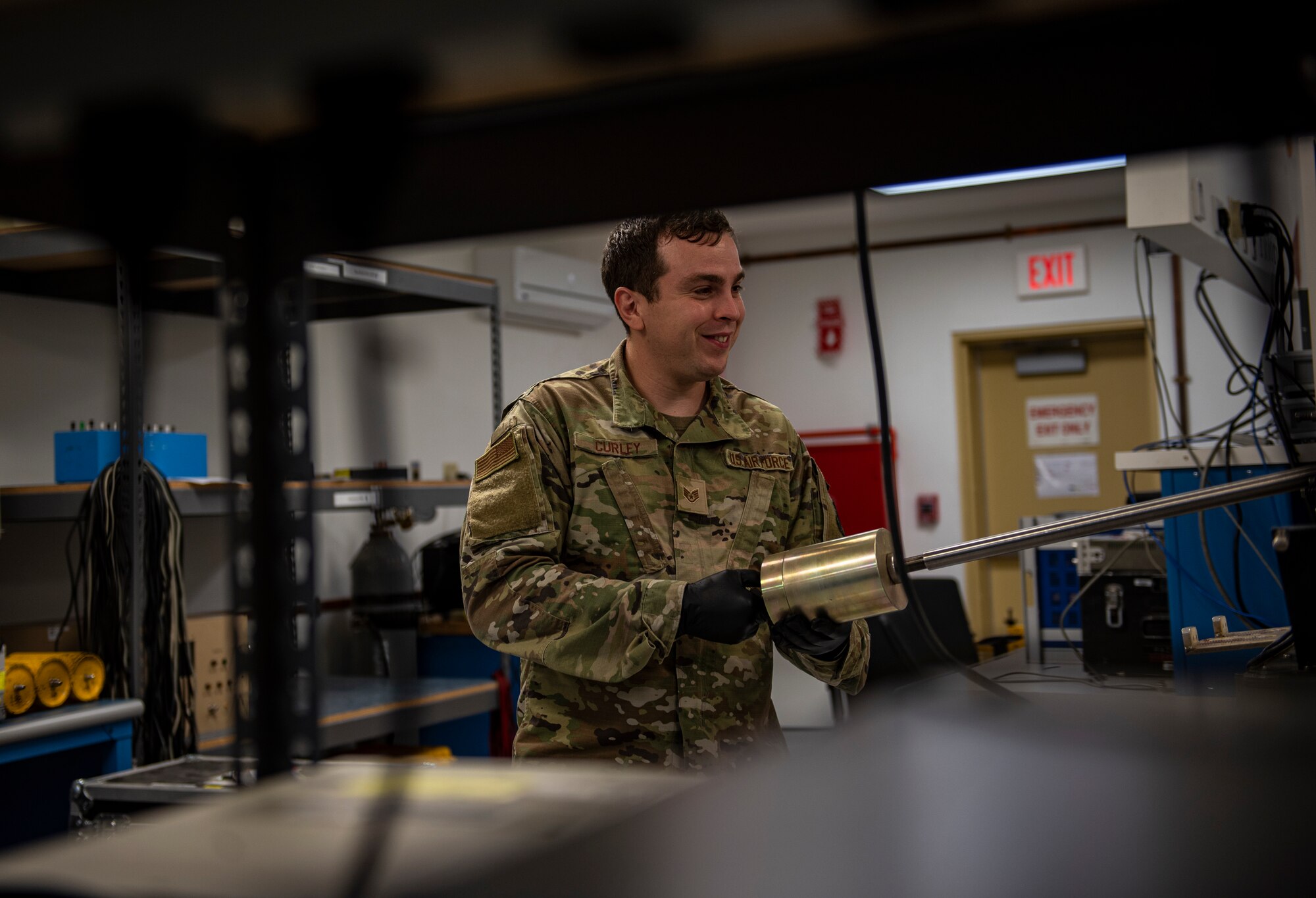 Curley is a member of the 379th EMXS Precision Measurement Equipment Laboratory which calibrates equipment for units across the Air Forces Central area of responsibility. (U.S. Air Force photo by Airman 1st Class Kylie Barrow)