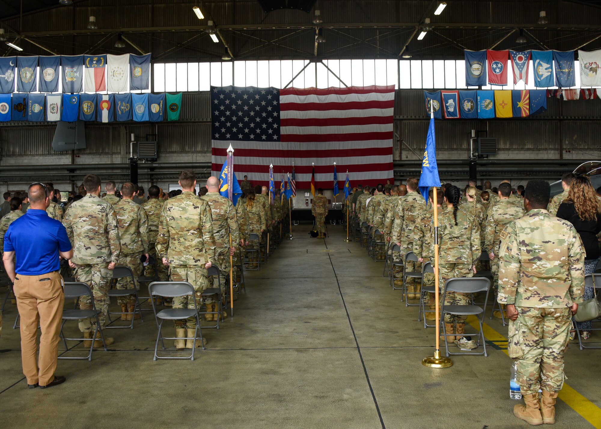 U.S. Air Force Airmen and civilian employees from the 52nd Fighter Wing attend a wing all call on Spangdahlem Air Base, Germany, July 30, 2021.