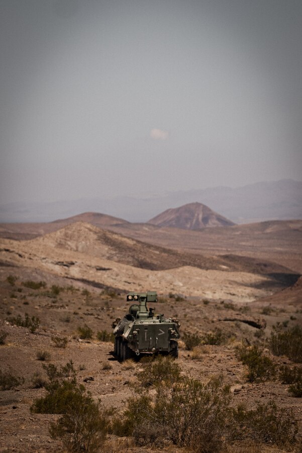 An LAV-25 Anti-Tank Variant with 4th Light Armored Reconnaissance Battalion, 4th Marine Division, maintains a defensive posture in the attack position as part of the maneuver element participating in the Battalion Distributed Operations Course during the Integrated Training Exercise 4-21 at Marine Corps Air Ground Combat Center, Twentynine Palms, July 27, 2021. 

BDOC challenges training units to command and control multiple maneuver elements while integrating ground and aviation delivered ordnance. (U.S. Marine Corps photo by Lance Cpl. Shane T. Beaubien)