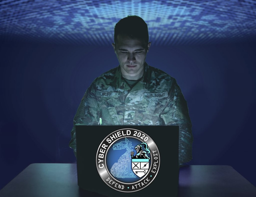 Sgt. Tucker Huff is on his computer during cyber shield 20 and is being photographed in preparation for training week. Various soldiers for KYARNG prepping for training week.