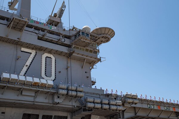 SAN DIEGO (August 2, 2021) Sailors man the rails of Nimitz-class aircraft carrier USS Carl Vinson (CVN 70).