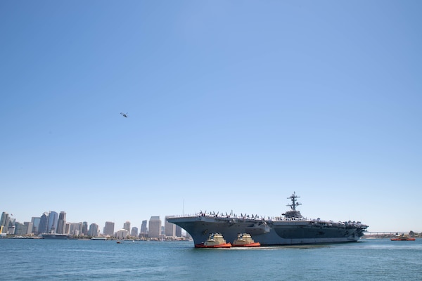 SAN DIEGO (August 2, 2021) Sailors man the rails of Nimitz-class aircraft carrier USS Carl Vinson (CVN 70).