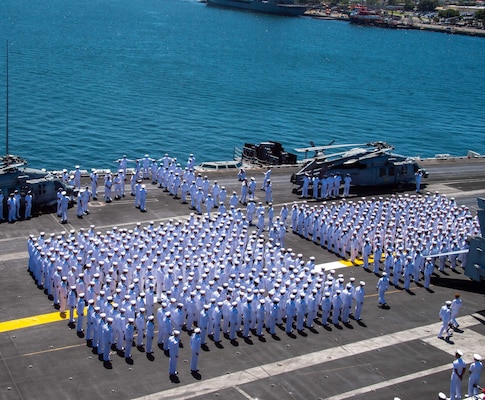 SAN DIEGO (August 2, 2021) Sailors assigned to Nimitz-class aircraft carrier USS Carl Vinson (CVN 70) man the rails on the flight deck.