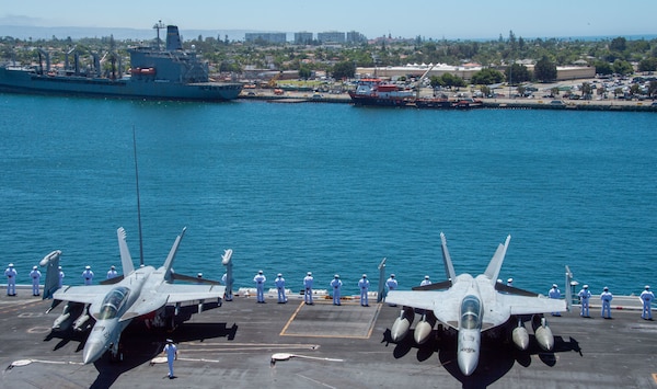 SAN DIEGO (August 2, 2021) Sailors assigned to Nimitz-class aircraft carrier USS Carl Vinson (CVN 70) man the rails on the flight deck.