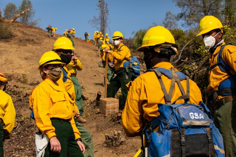 Dozens of people wearing hardhats stand on a hillside that has been cleared of brush and trees.
