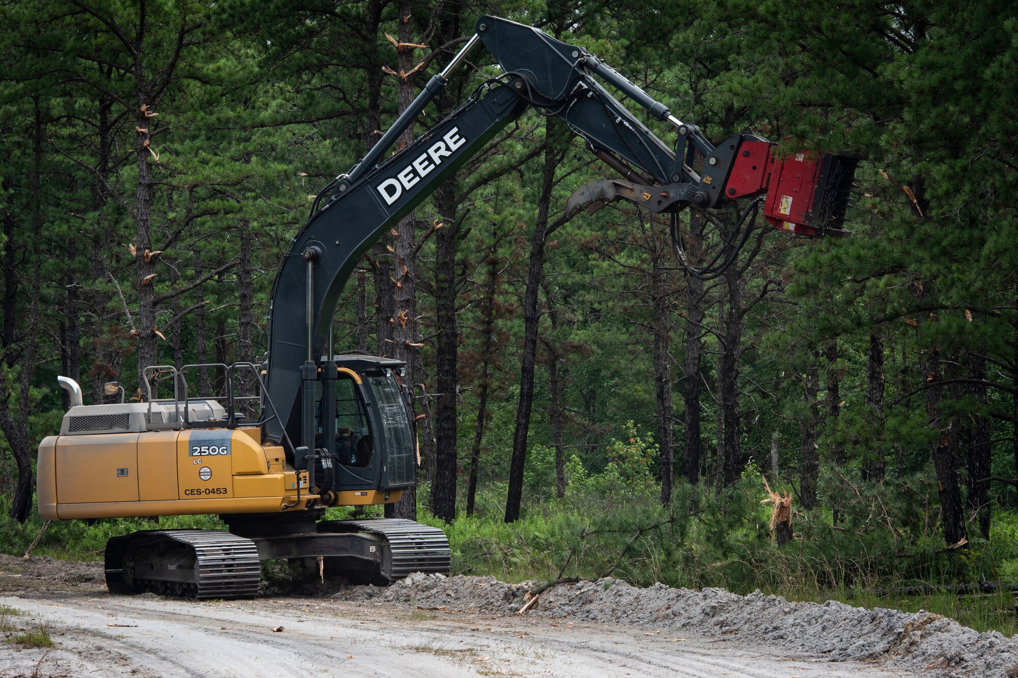 Photo of range support personnel clearing trees during fire break maintenance.