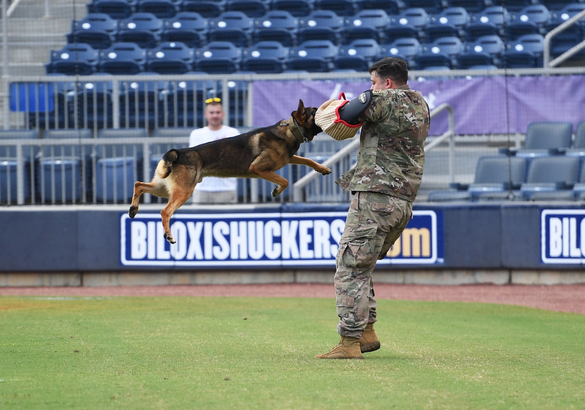 U.S. Air Force Staff Sgt. Cody Garton, 81st Security Forces Squadron military working dog handler, and Rico, 81st SFS military working dog, participate in a demonstration at the MGM Park during a Biloxi Shuckers Minor League Baseball team pre-game festivities in Biloxi, Mississippi, Aug. 1, 2021. The "Bark in the Park" themed baseball game invited fans to attend the game with their dogs. (U.S. Air Force photo by Kemberly Groue)