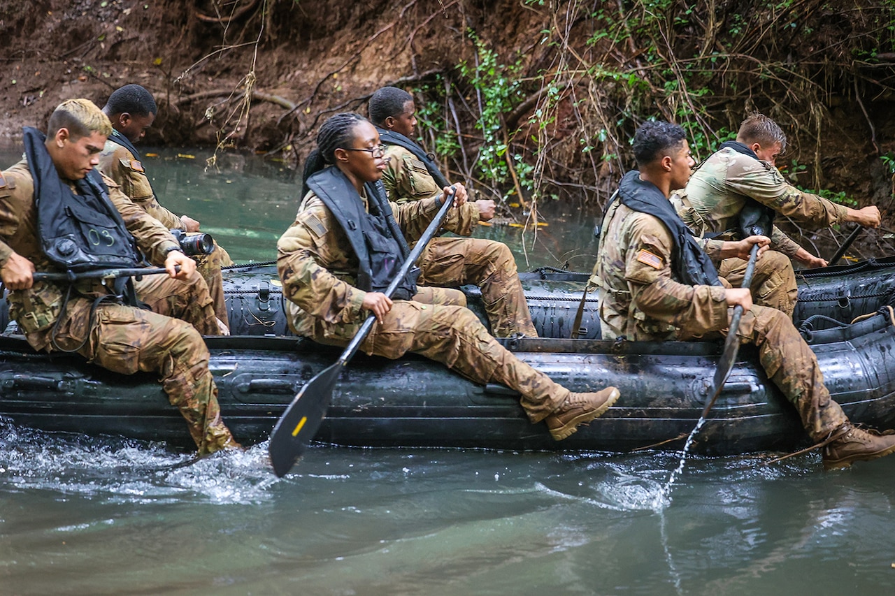 Six sailors paddle in an inflatable raft in water off a muddy shoreline.