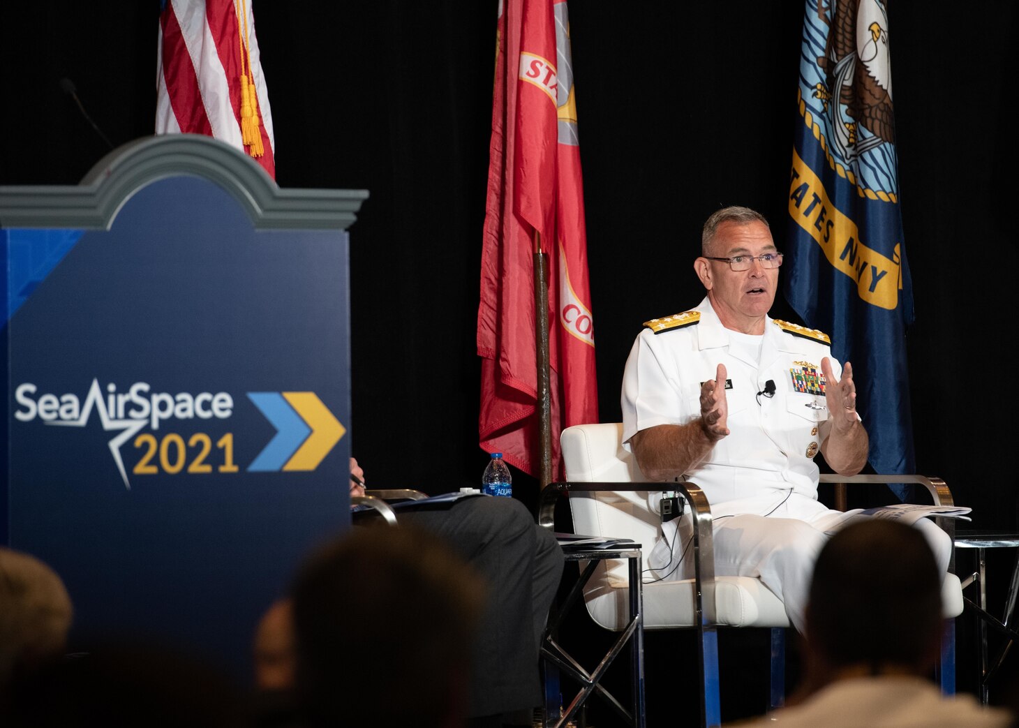 Vice Adm. Jeffrey Trussler, Deputy Chief of Naval Operations for Information Warfare, speaks in the “Cyber: Today’s fight, Tomorrow’s Capabilities” panel at the Sea-Air-Space 2021 exposition.