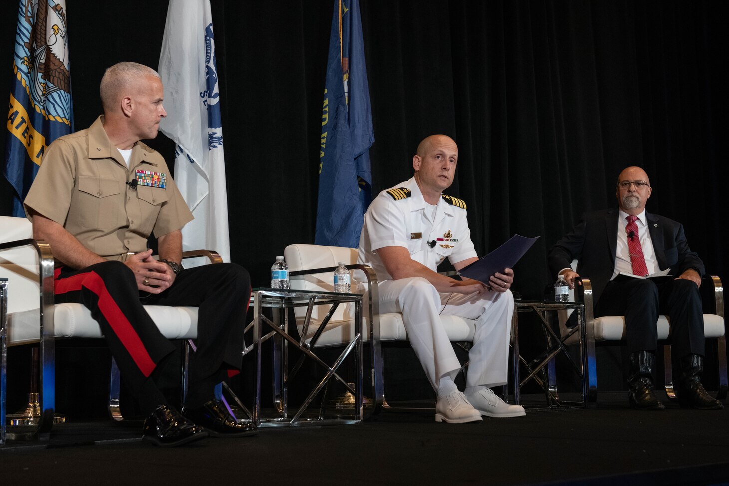Navy Capt. Jeff Morganthaler, MOC Director, Navy Expeditionary Combat Command, discusses adapting technology and processes to provide necessary capabilities for great power competition during the "Future of Naval Expeditionary Warfare in All-Domain Operations" panel at the Sea-Air-Space 2021 Exposition.