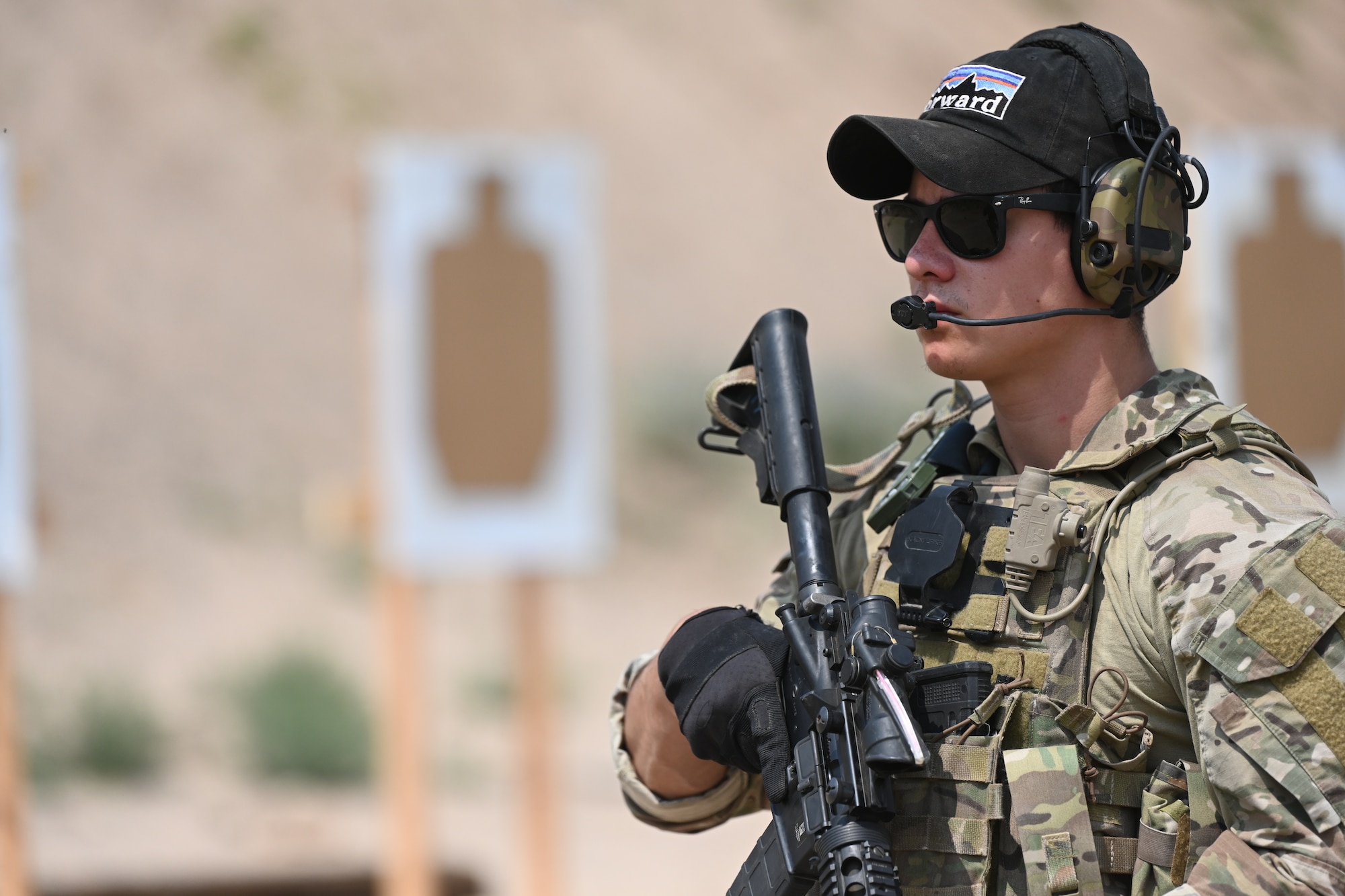 A Tactical Air Control Party Airman prepares to shoot a target at White Sands Missile Range on July 22, 2021, New Mexico. Zia Sun is an annual exercise designed to provide realistic combat operations training involving joint and international partners and a variety of aircraft. (U.S. Air Force photo by Airman 1st Class Adrian Salazar)