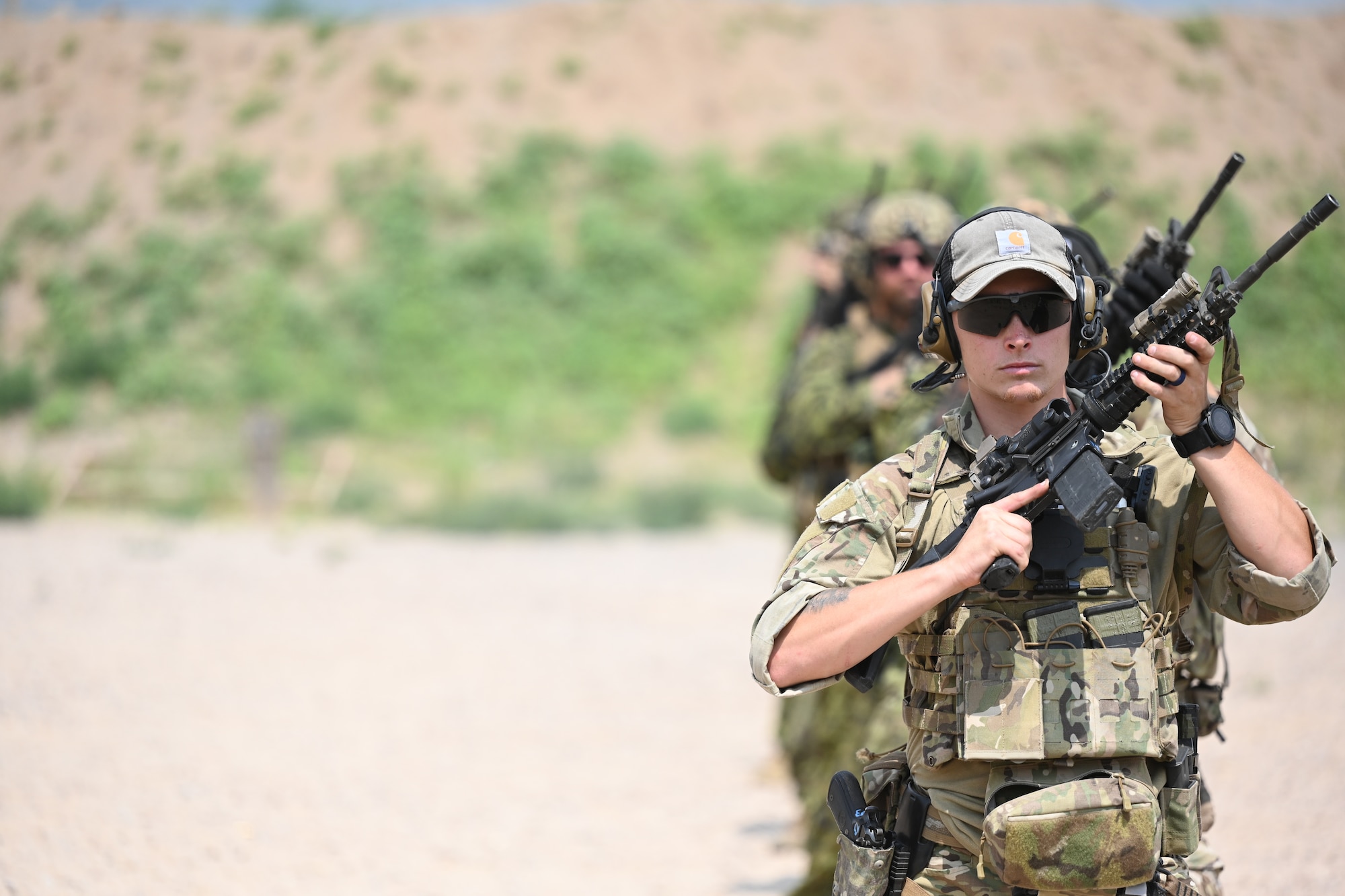 Exercise Zia Sun participants prepare to shoot a target at White Sands Missile Range on July 22, 2021, New Mexico. Zia Sun is an annual exercise designed to provide realistic combat operations training involving joint and international partners and a variety of aircraft. (U.S. Air Force photo by Airman 1st Class Adrian Salazar)