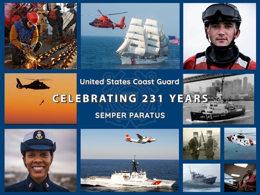 Graphic celebrating 231 years of the U.S. Coast Guard.