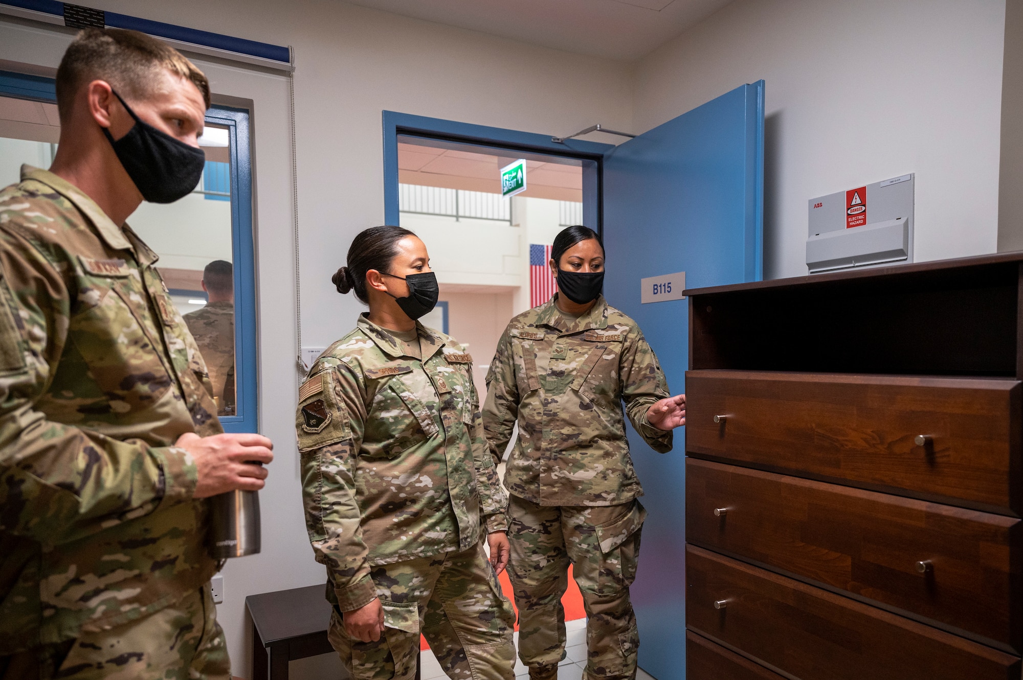 Airmen tour the new Blatchford-Preston Complex dormitory Aug. 3, 2021, at Al Udeid Air Base, Qatar.