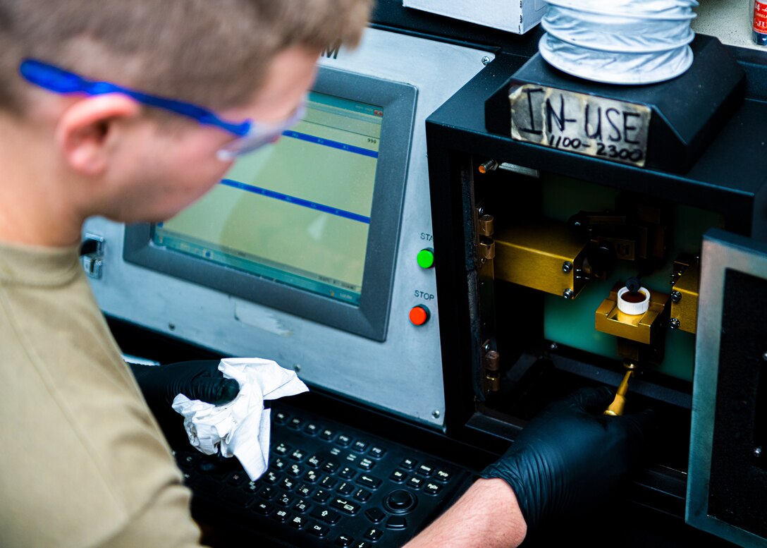 The 380th Expeditionary Maintenance Squadron nondestructive inspection specialists are expert at analysis and detecting imperfections in aircraft parts at Al Dhafra Air Base, United Arab Emirates.