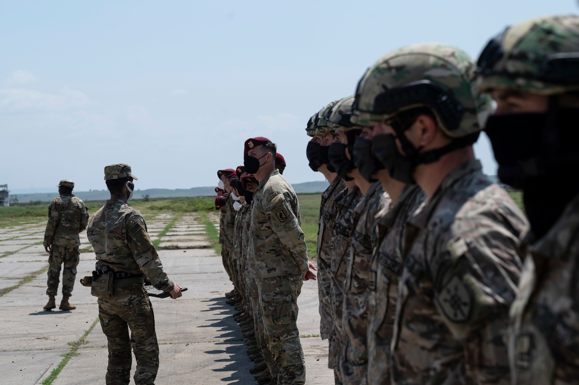 U.S. Army soldiers assigned to the 1st Squadron, 91st Cavalry Regiment, 173rd Infantry Brigade Combat Team (airborne) and Georgian military forces, stand in formation after an airdrop demonstration during exercise Agile Spirit 21