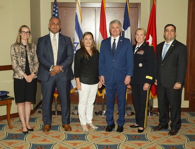 Left to right, Jordan Hale, deputy chief of staff, Office of Texas Gov. Greg Abbott; Barakat Elleithy, minister plenipotentiary, Embassy of the Arab Republic of Egypt; Livia Link-Raviv, consul general of Israel; Rep. Michael McCaul; Maj. Gen. Tracy R. Norris, Texas adjutant general; and Jose A  Esparza, the Texas deputy secretary of state, at a ceremony in Austin, Texas, Aug. 3, 2021, commemorating the 40-year anniversary of the Multinational Force Observers (MFO). After the signing of the Egypt-Israeli Peace Agreement, the MFO was created to supervise the implementation of the security provisions of the treaty and prevent any violation of its terms.