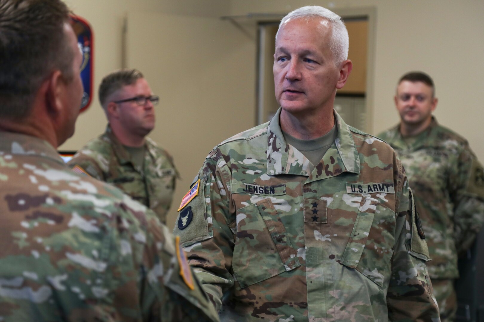 Army Lt. Gen. Jon A. Jensen, the director of the Army National Guard, speaks with Soldiers in the Missile Defense Element at Schriever Space Force Base, Colorado, July 26, 2021. Jensen visited the 100th Missile Defense Brigade of the Colorado Army National Guard in Colorado Springs to learn more about the unit and its mission to defend the United States and designated areas from long-range ballistic missile attacks.