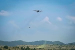 A 103rd Airlift Wing C-130H Hercules aircraft performs a Low Cost Low Altitude airdrop during Exercise Sentry Storm 2021 at Camp Branch, West Virginia, July 20, 2021. Sentry Storm is a joint training environment enabling participants to exercise their skills to prevail over near-peer competitors while applying agile combat employment concepts.