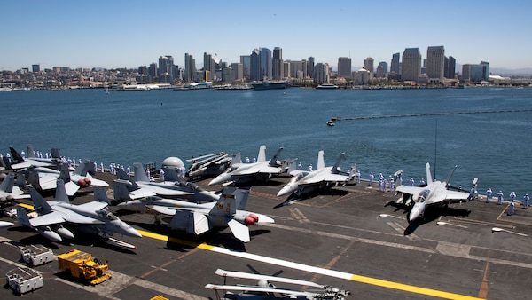 Sailors assigned to the Nimitz-class aircraft carrier USS Carl Vinson (CVN 70) man the rails as the ship departs San Diego.