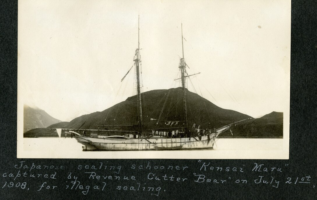 Japanese sealing schooner "Kensei Maru" captured by Revenue Cutter "Bear" on July 21st, 1908, for illegal sealing.